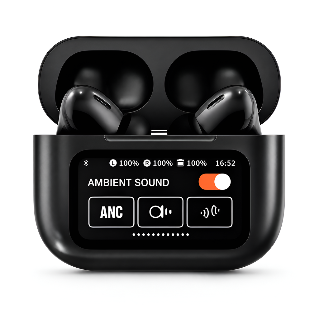 Black A9 Display Wireless Earbuds | Smart Touch Screen Charging Case